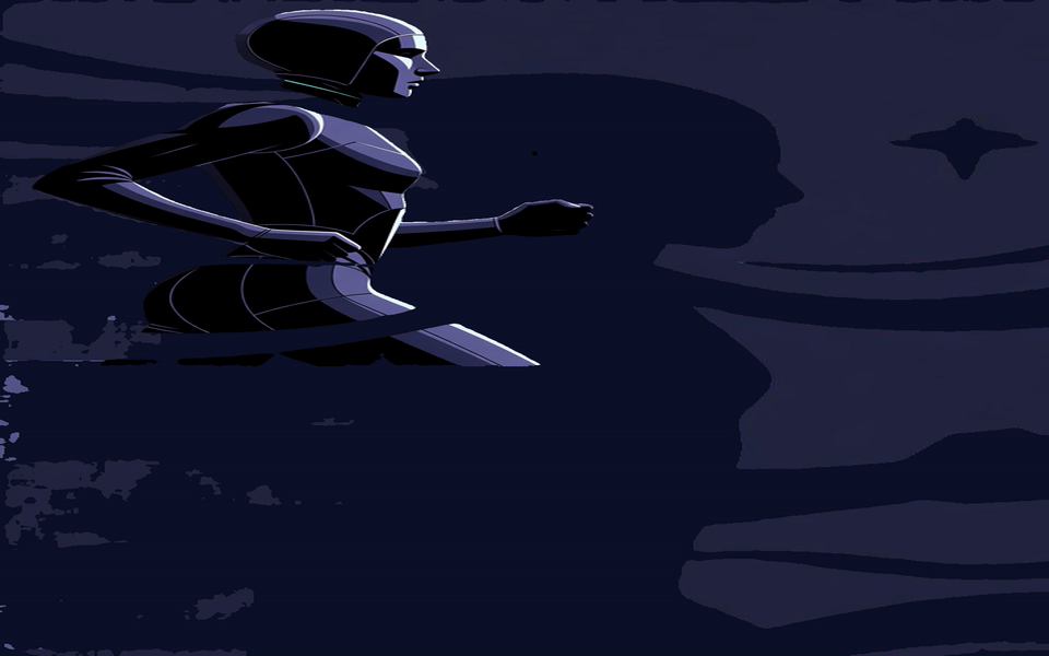 Stylized hooded runner with vortex markers and airflow streaks
